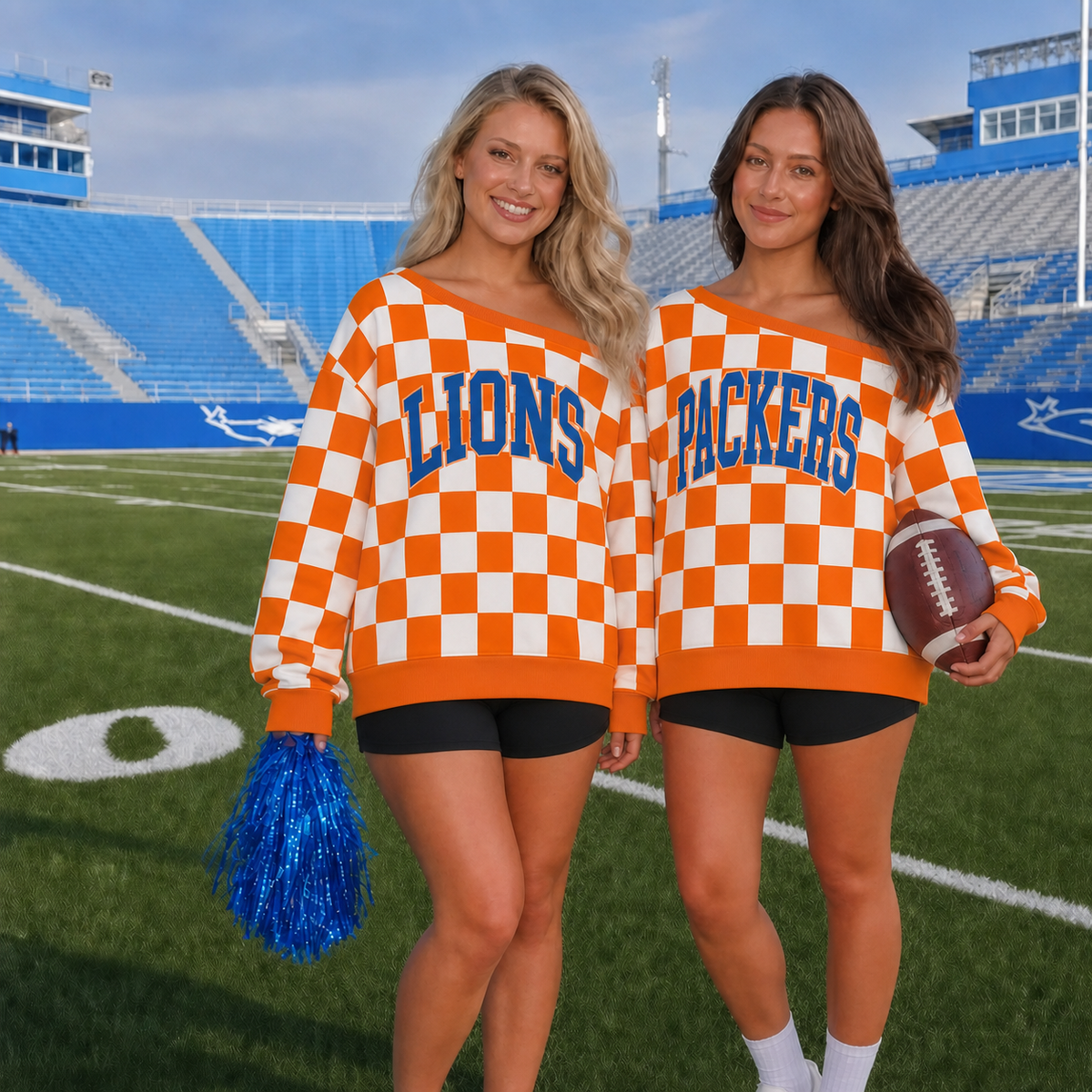 Custom College Team Name Off-Shoulder Checkered Sweatshirt - Personalized Sports Fan Gift