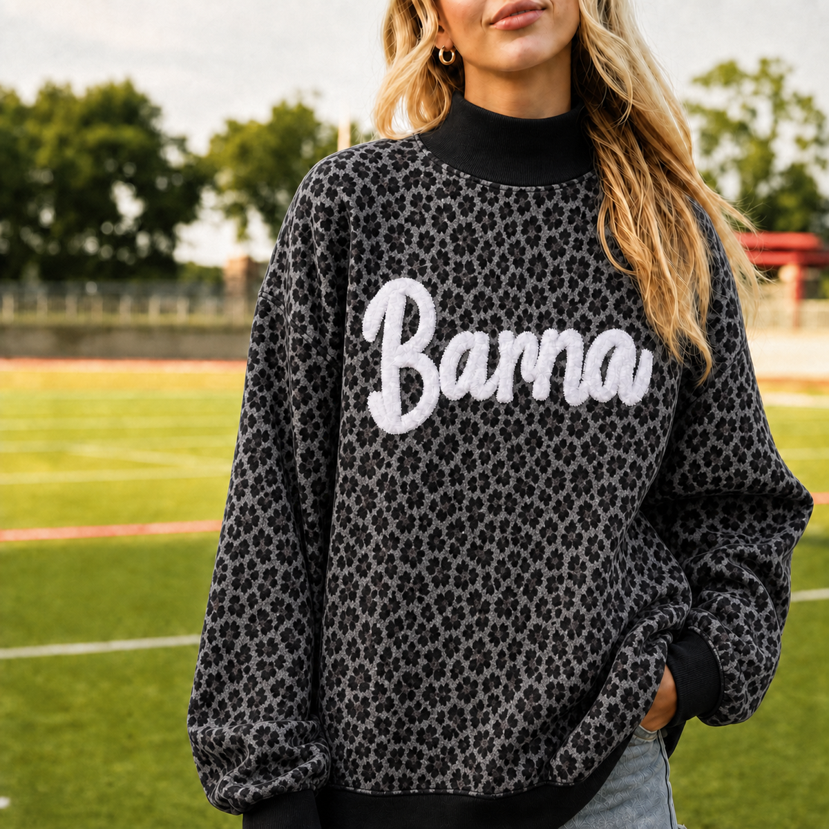 Custom College Chenille Team Name Embroidered Leopard Mockneck Game Day Wear