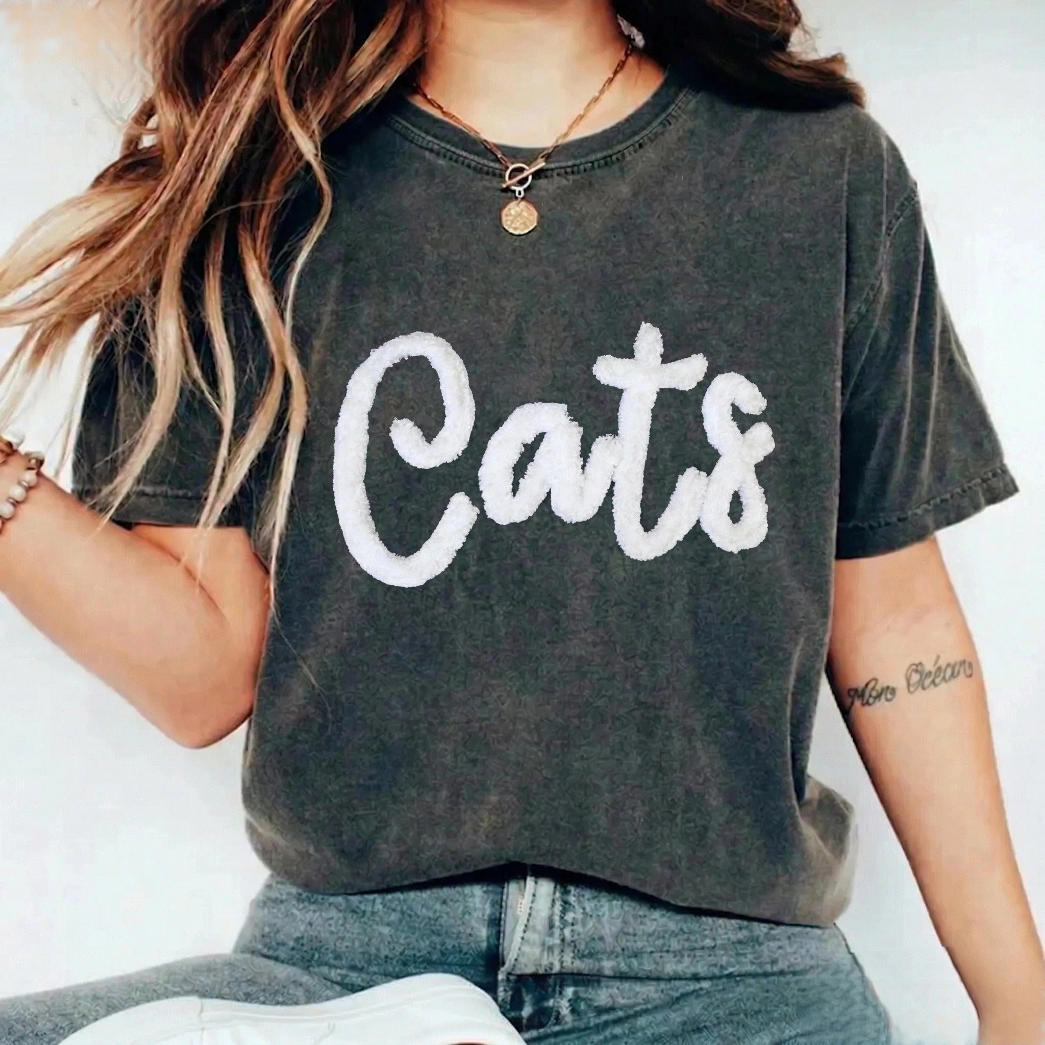Custom College Chenille Team Name Embroidered Washed T-shirt| Gifts for Sports Mom