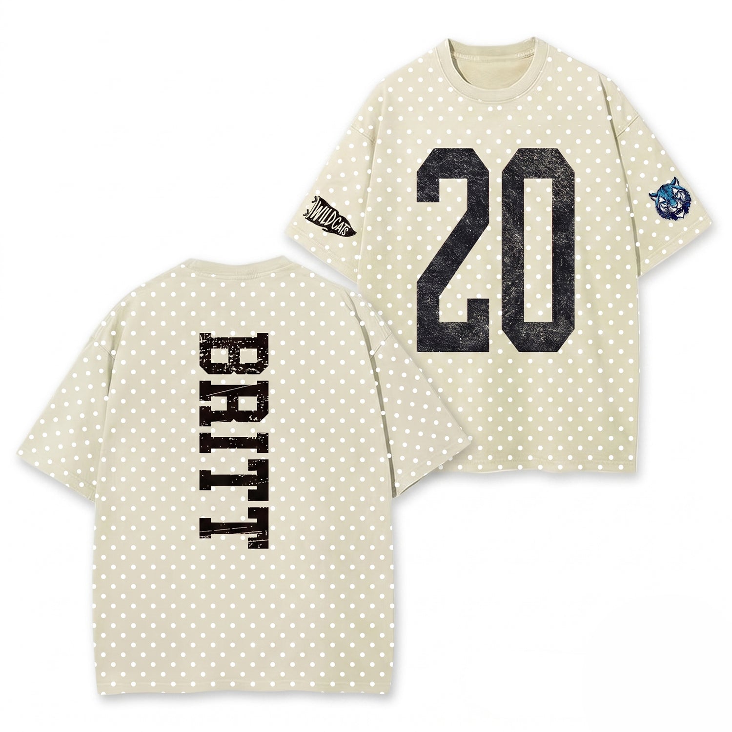 Custom Vintage Varsity Number and Custom Name on Back Polka Dot Washed T-Shirt Game Day School Spirit Shirt