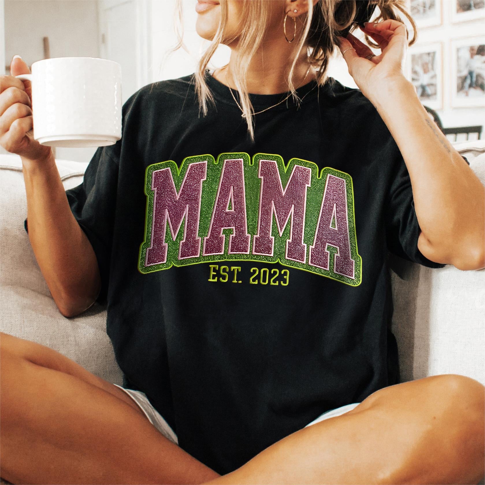 Custom Personalized Two Color Glitter Embroidered Mom T-Shirt|Christmas Gift