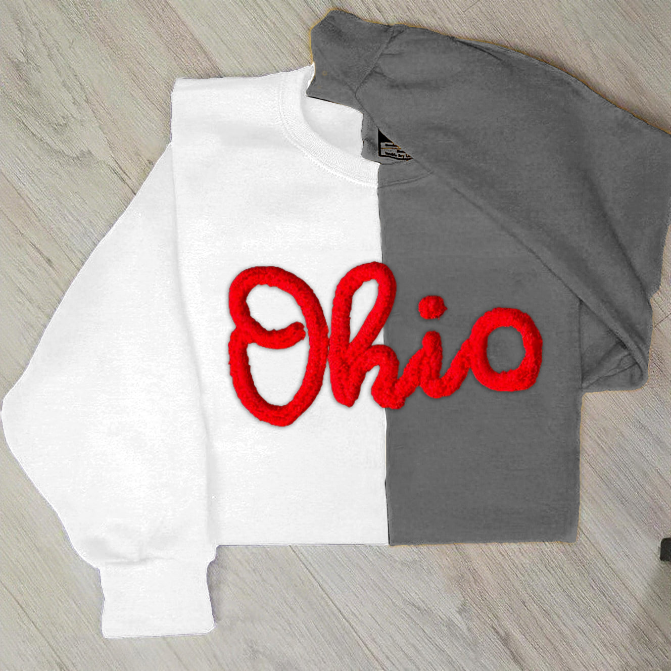 Custom Chenille Yarn Embroidered Two Tone Sweatshirt School Mascot Split Sweatshirt