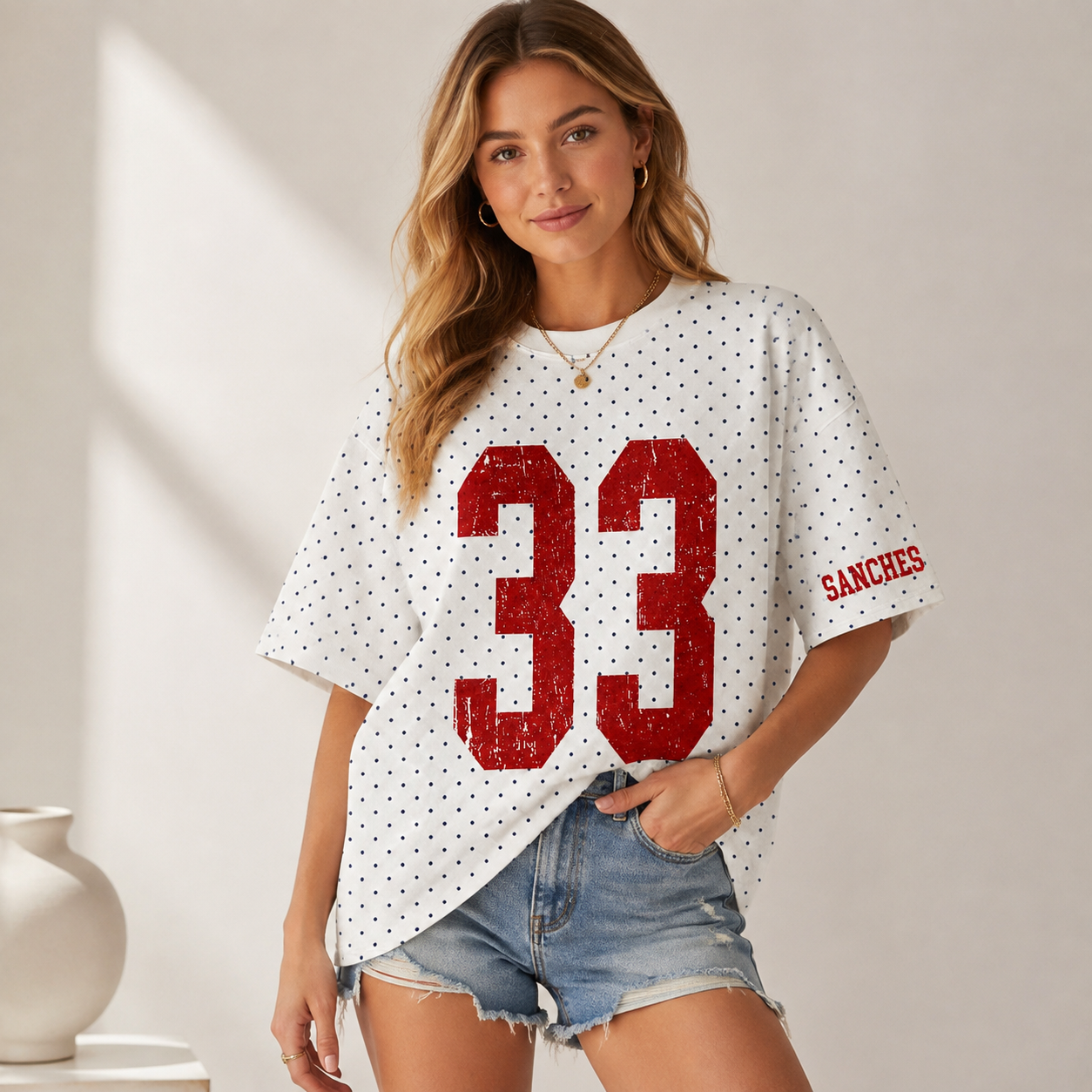Custom Vintage Varsity Number or Letter Sport Team Polka Dot T-shirt | Game Day Wear