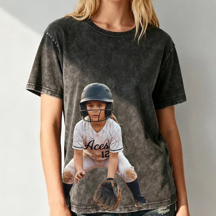 Custom Vintage Washed Athlete Photos and Names T-shirt – Personalized Portrait Tee, Soft Retro Style