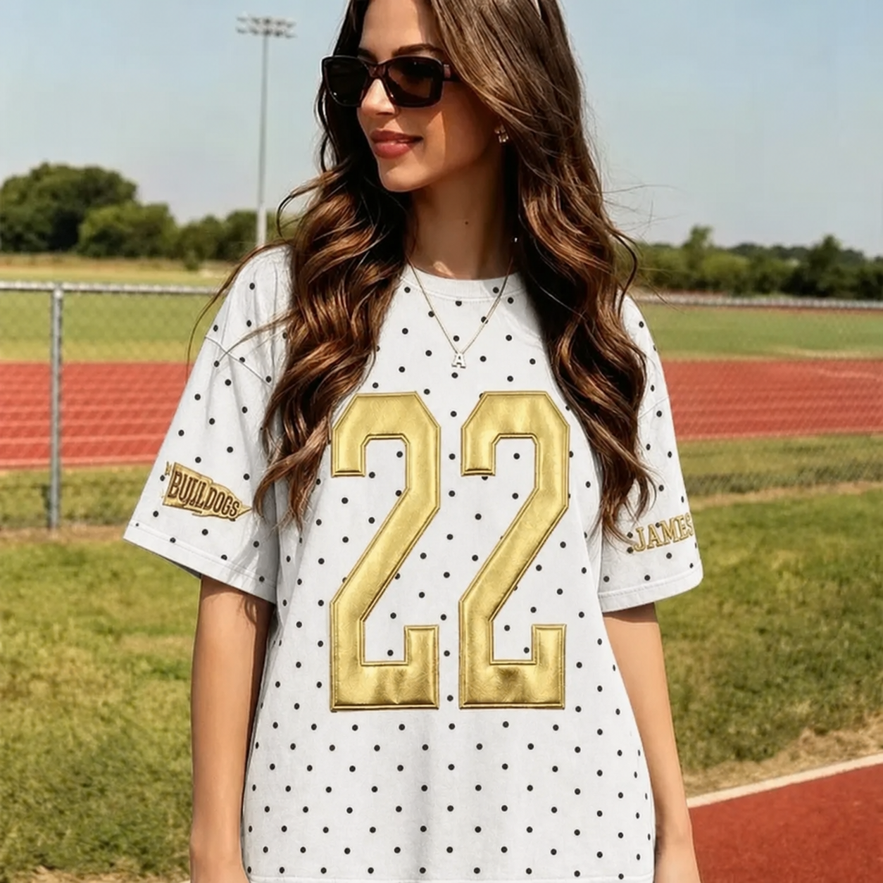 Custom Metallic Puff Number Polka Dot T-Shirt | Personalized Team Name Game Day Tee | Vintage School Spirit Shirt | Game Day Wear