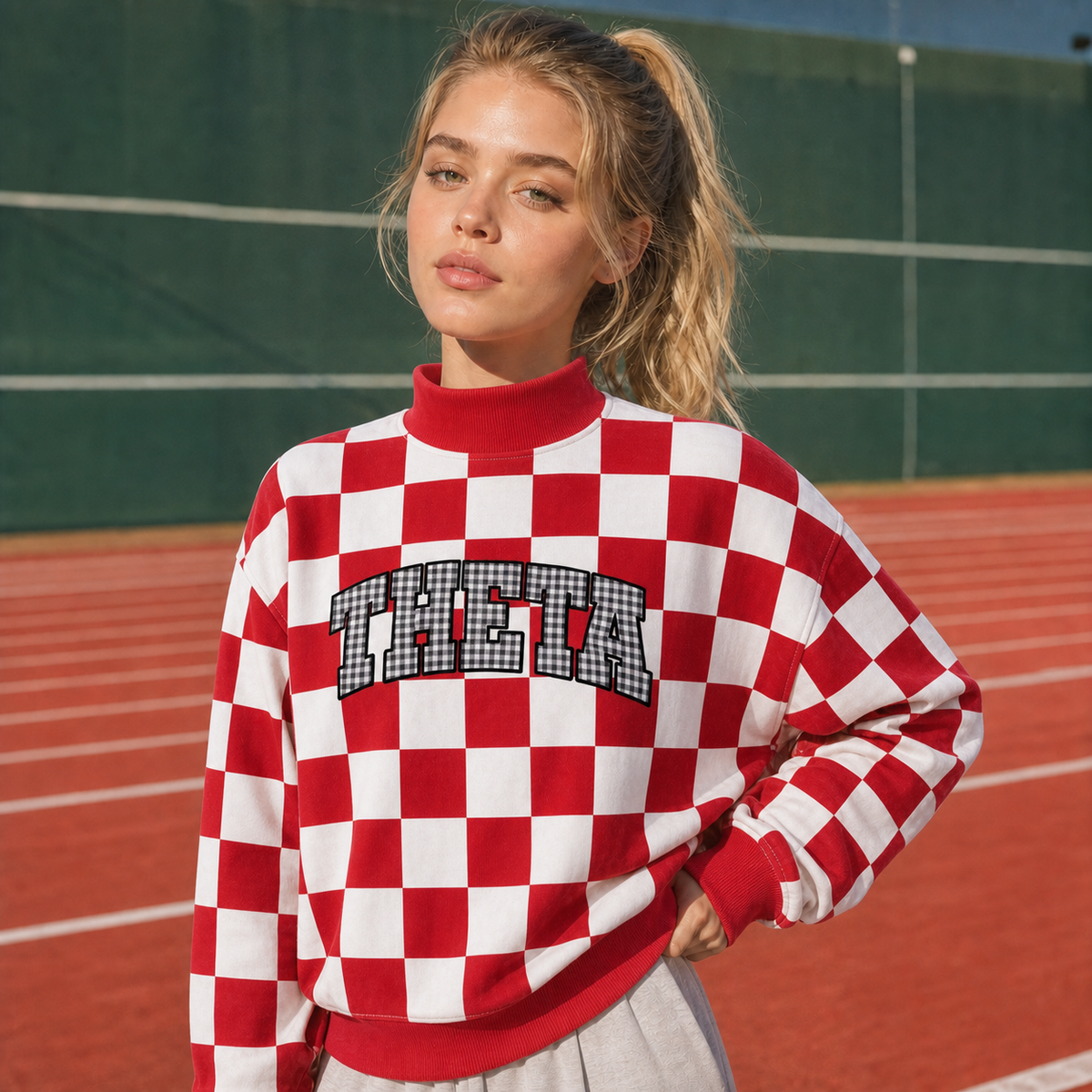 Custom Checkered Mockneck - Personalized Applique Team Name Stand-Up Collar | Game Day Gear & Sports Gifts