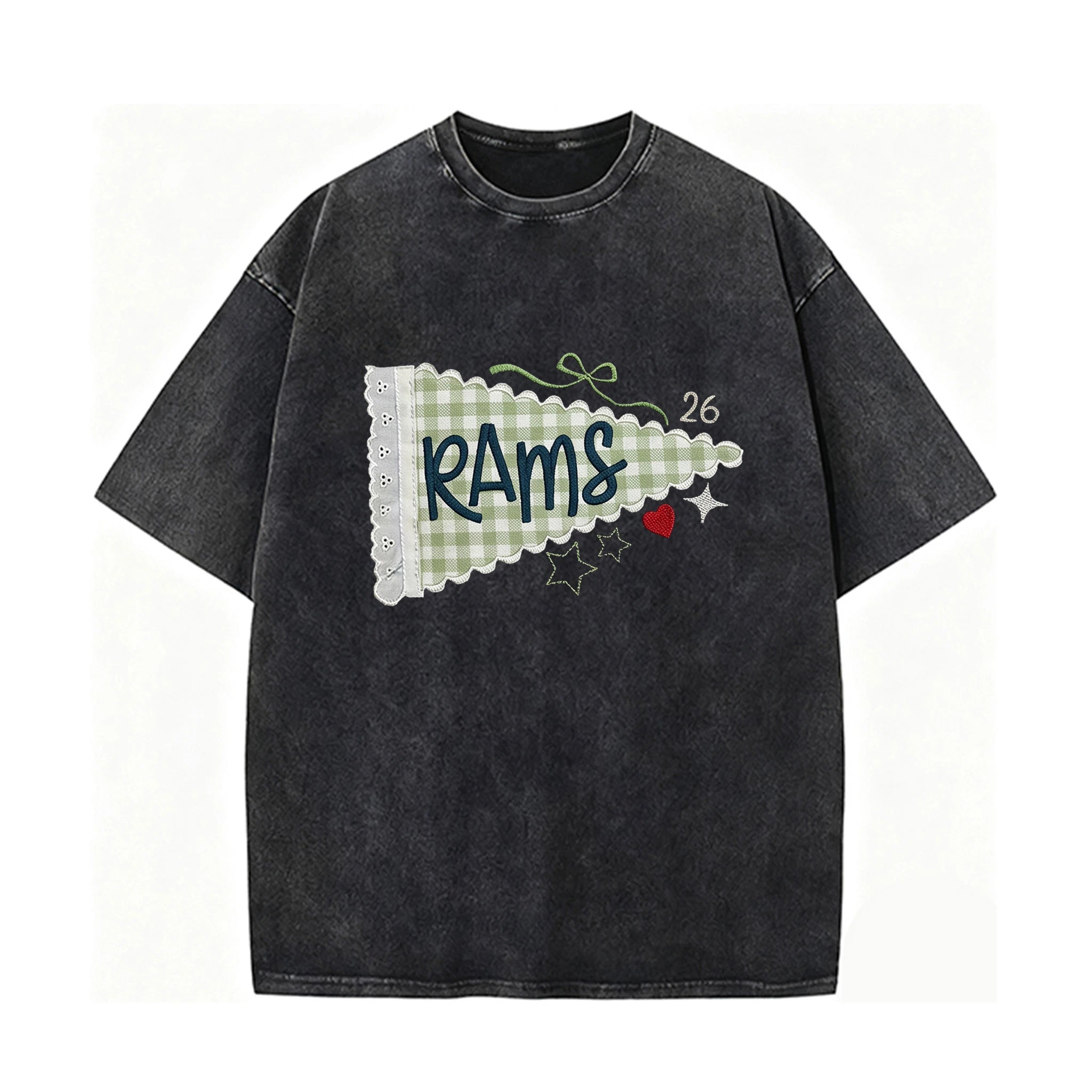 Custom Pennant with Gingham Lace Applique Game Day Team Spirit Washed T-shirt