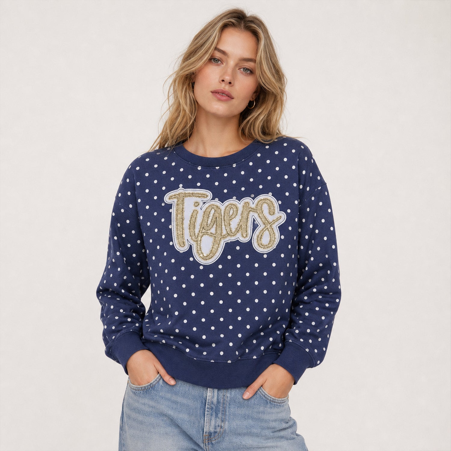 Custom Polka Dot Crewneck Sweatshirt with Sequin "Tigers" Script – Game Day Top