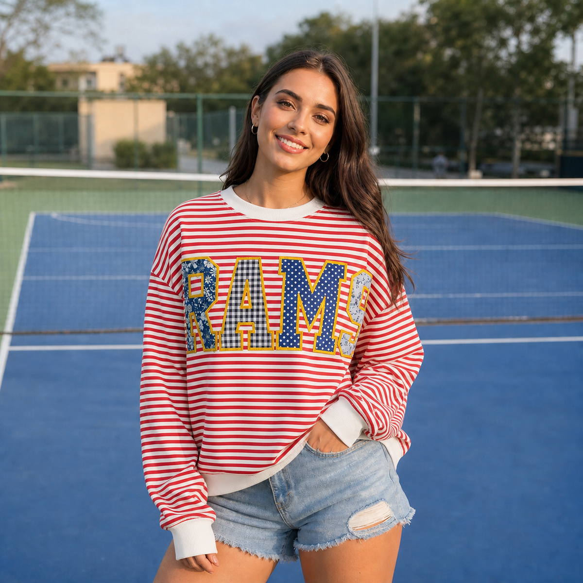 Custom Striped Patchwork Sweatshirt - Personalized Team & School Name Embroidered Pullover