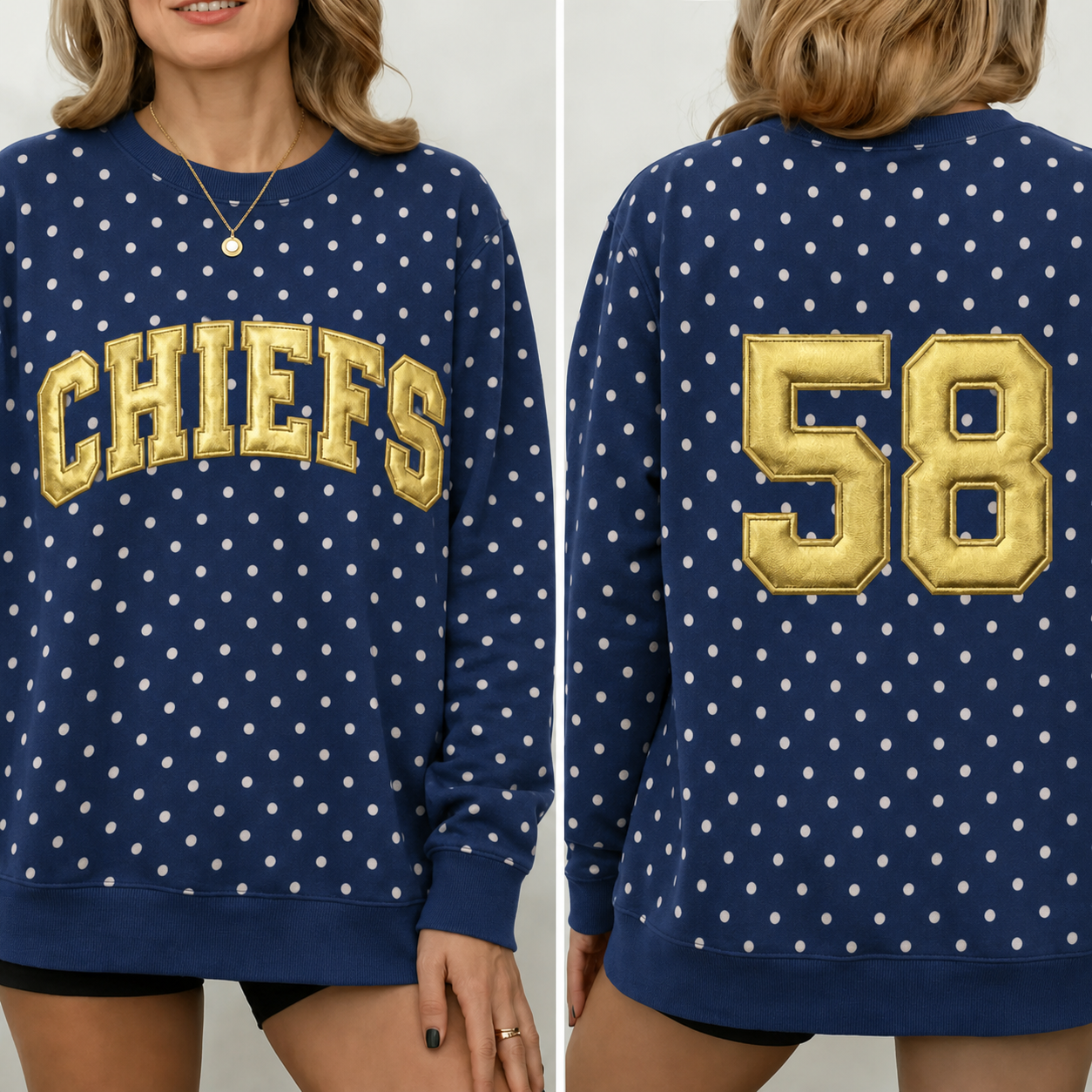 Custom Metallic Puff Team Name Polka Dot Sweatshirt Personalized Back Number Game Day Crewneck | Game Day Wear