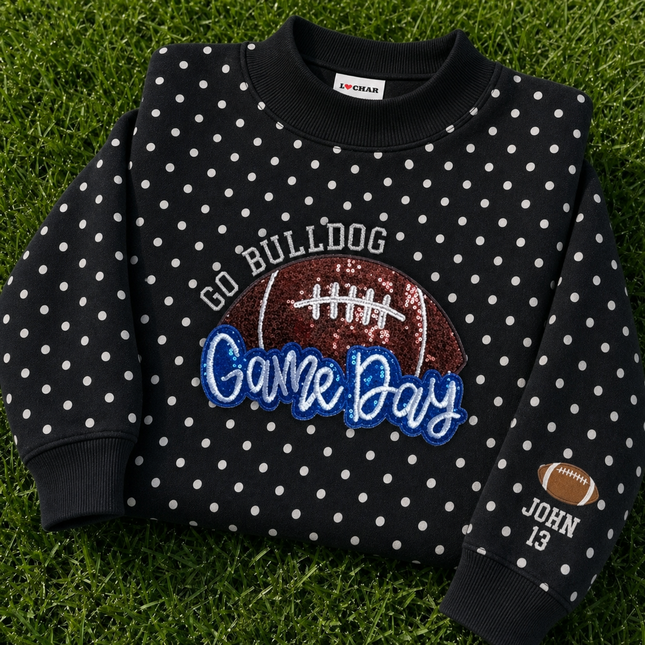 Custom Sequin Embroidered Football Proud Sport Polka Dot Mockneck with Side Bow | Gifts for Sports Mom | Game Day Wear