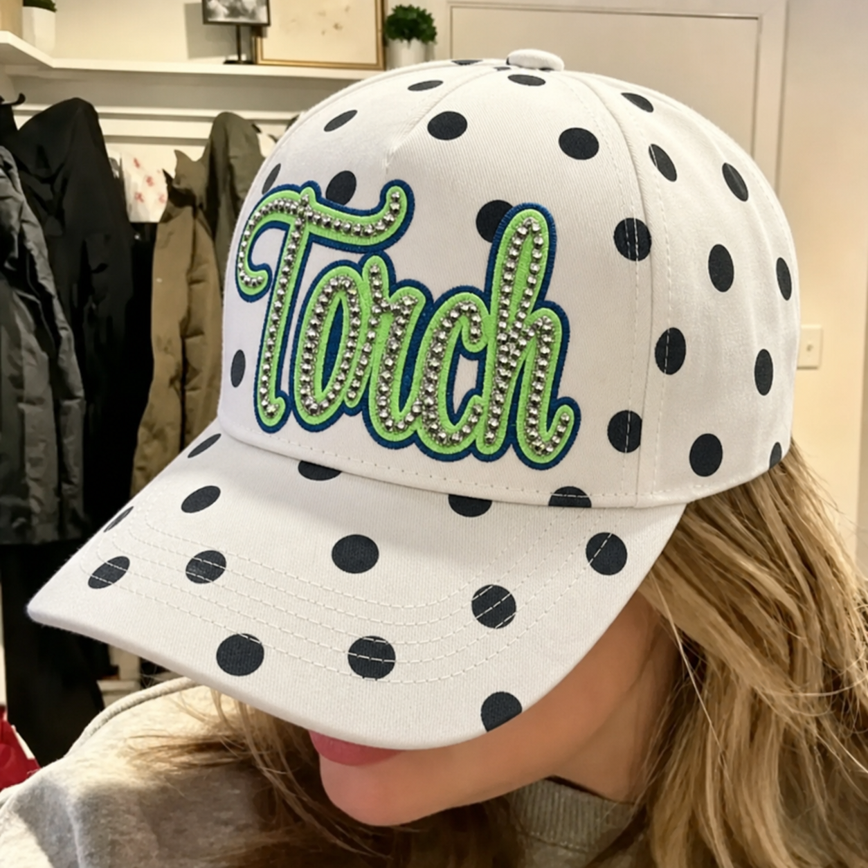 Custom Team Name Rhinestone Trucker Polka Dot Hat Two Tone Bling Cap For Game Day