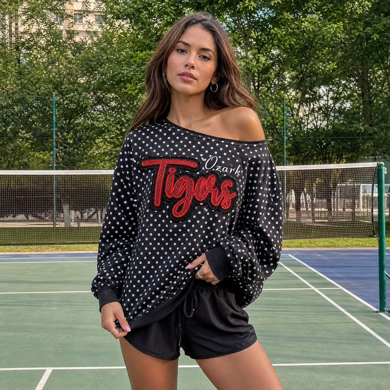 Custom Glitter Team Mascot Off-Shoulder Polka Dot Sweatshirt - Game Day Spirit Wear