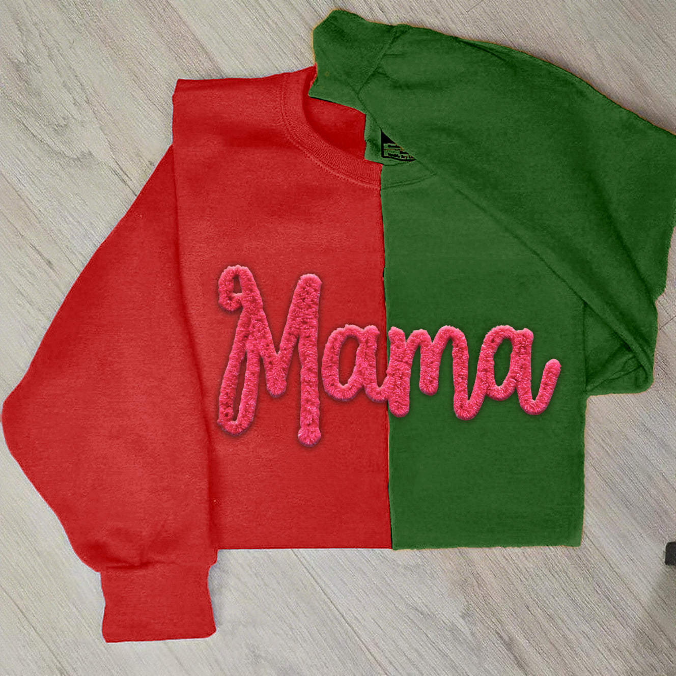Custom Chenille Yarn Embroidered Mama Two Tone Sweatshirt