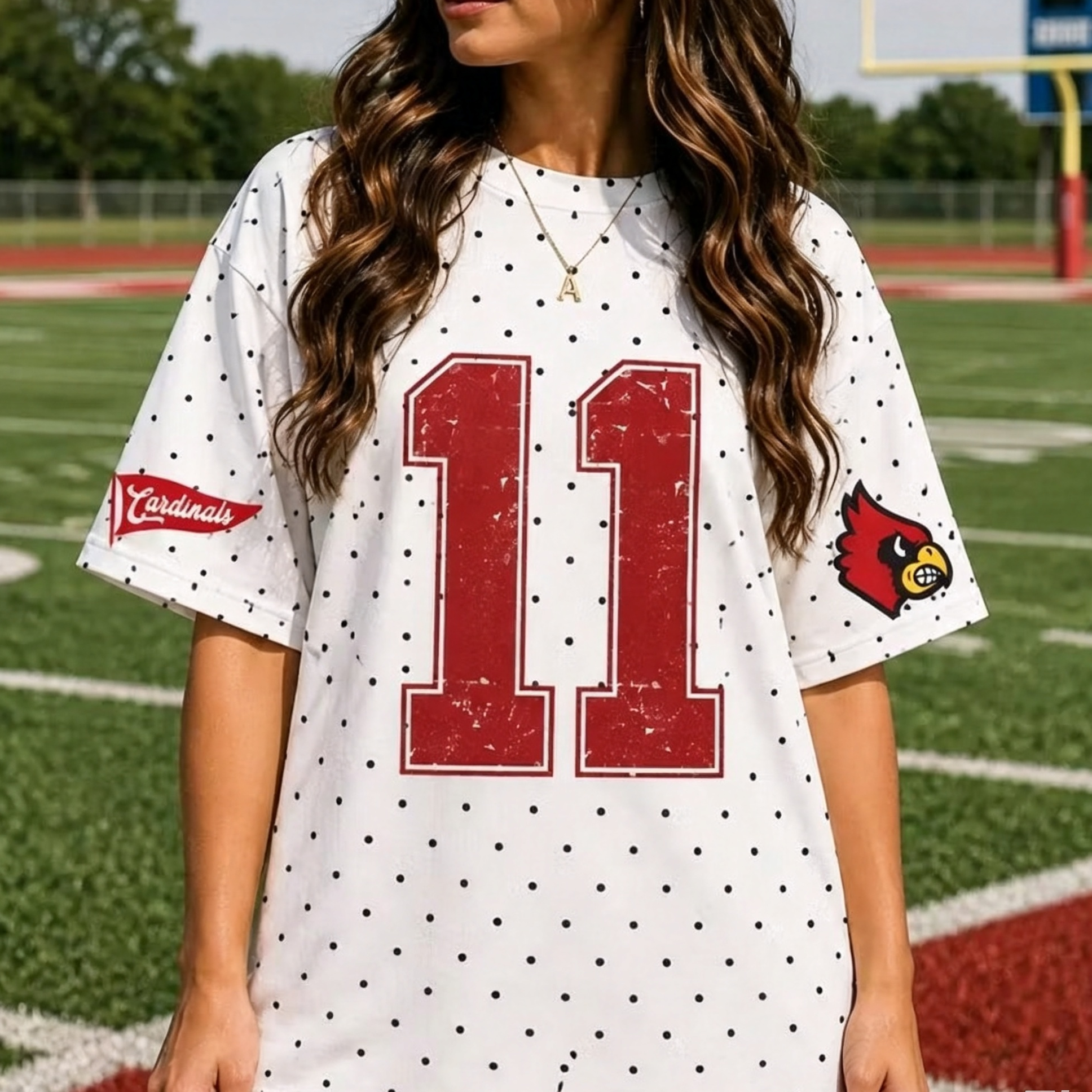Custom Polka Dot Varsity Tee – Personalized Retro Number and Team Spirit T-Shirt