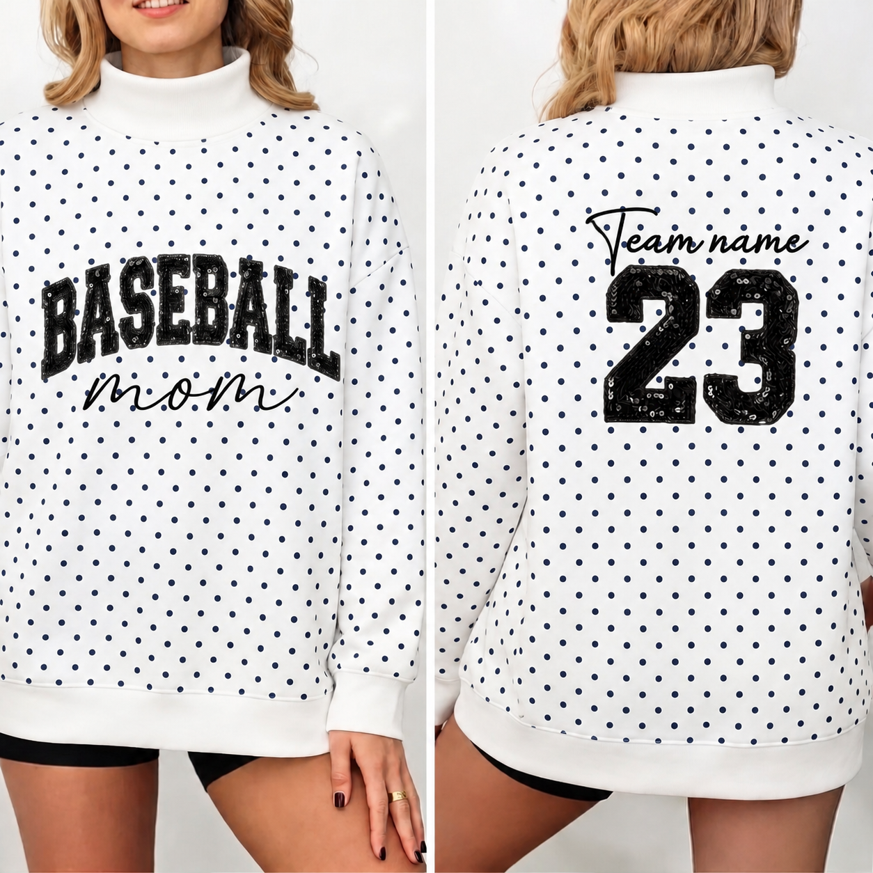 Custom Baseball Mom Sweatshirt – Personalized Sequin Polka Dot Mock Neck Pullover with Team Name & Number
