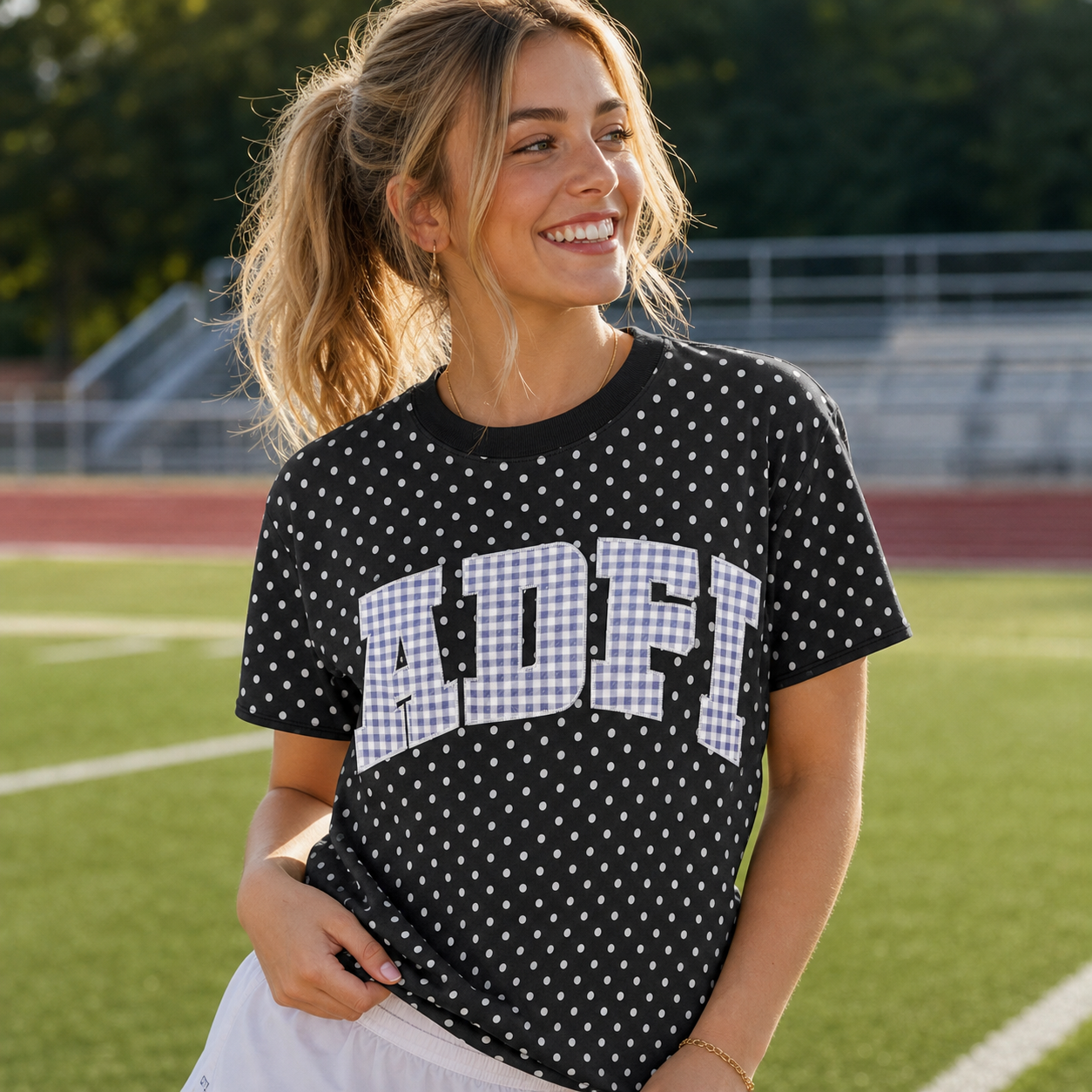 Custom Applique Team Name Polka Dot T-shirt | Sports Gifts Game Day Gear
