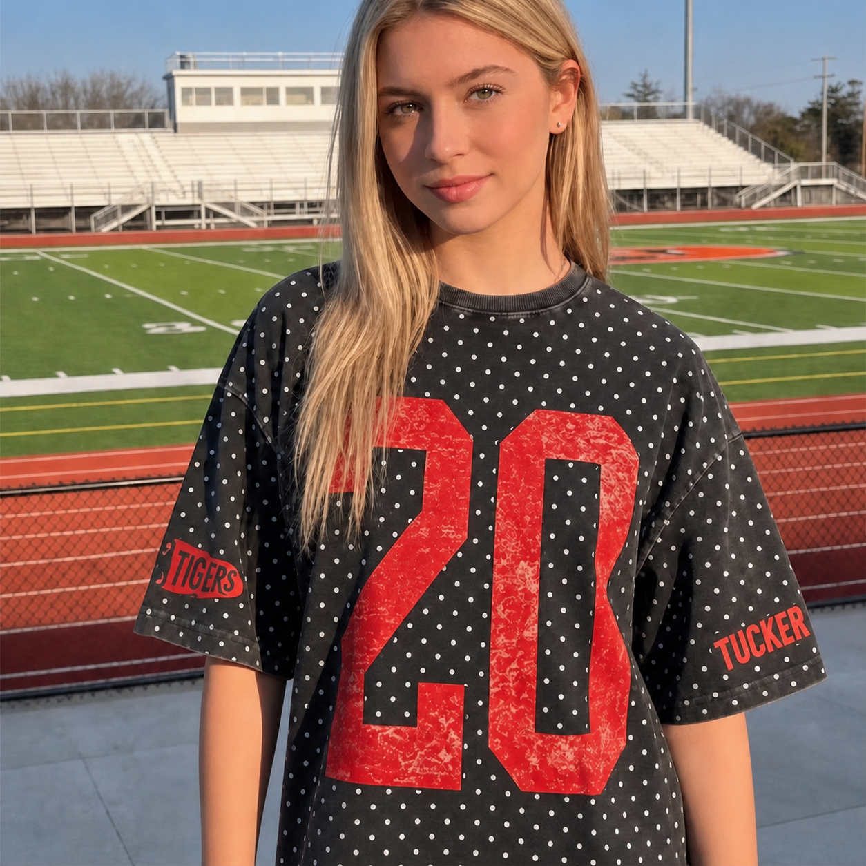 Custom Vintage Varsity Number and Custom Name on Back Polka Dot Washed T-Shirt Game Day School Spirit Shirt