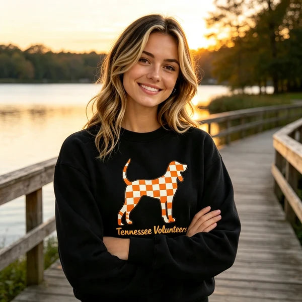 Personalized VOLS Game Day Sweatshirt – Custom Text Checkerboard Dog Appliqué Crewneck
