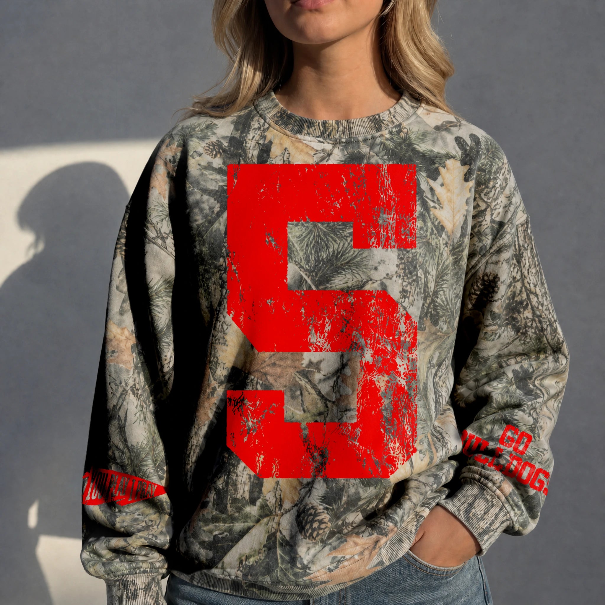 Custom Vintage Varsity Number or Letter Sport Team Camo Sweatshirt