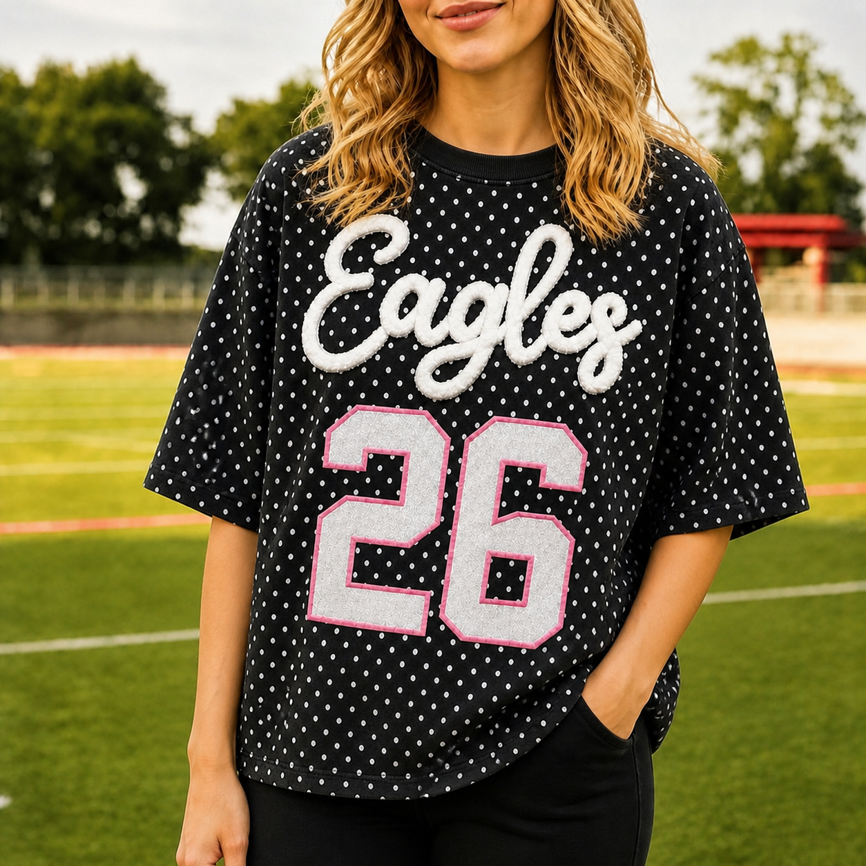 Custom Chenille Embroidered Team Name, Glitter Number Polka Dot T-shirt, Personalized Sports T-shirt | Game Day Wear