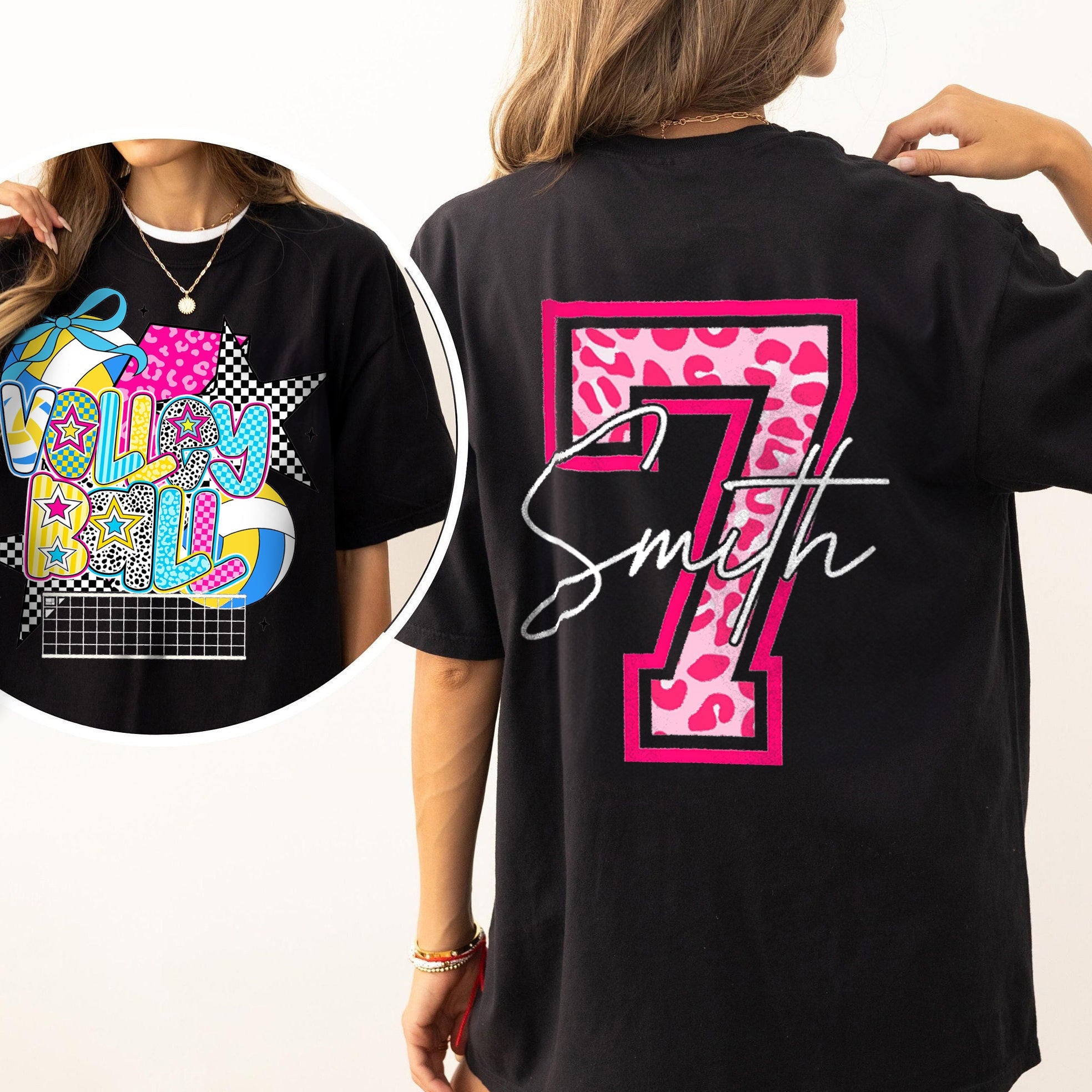 Personalized Volleyball Mama Pink Leopard Checkered Pattern Cheer T-shirt | Gifts for Sports Mom