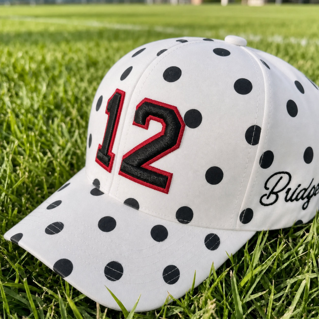 Custom Polka Dot Baseball Cap – Personalized Number Puff Embroidery Game Day Hat | Game Day Wear