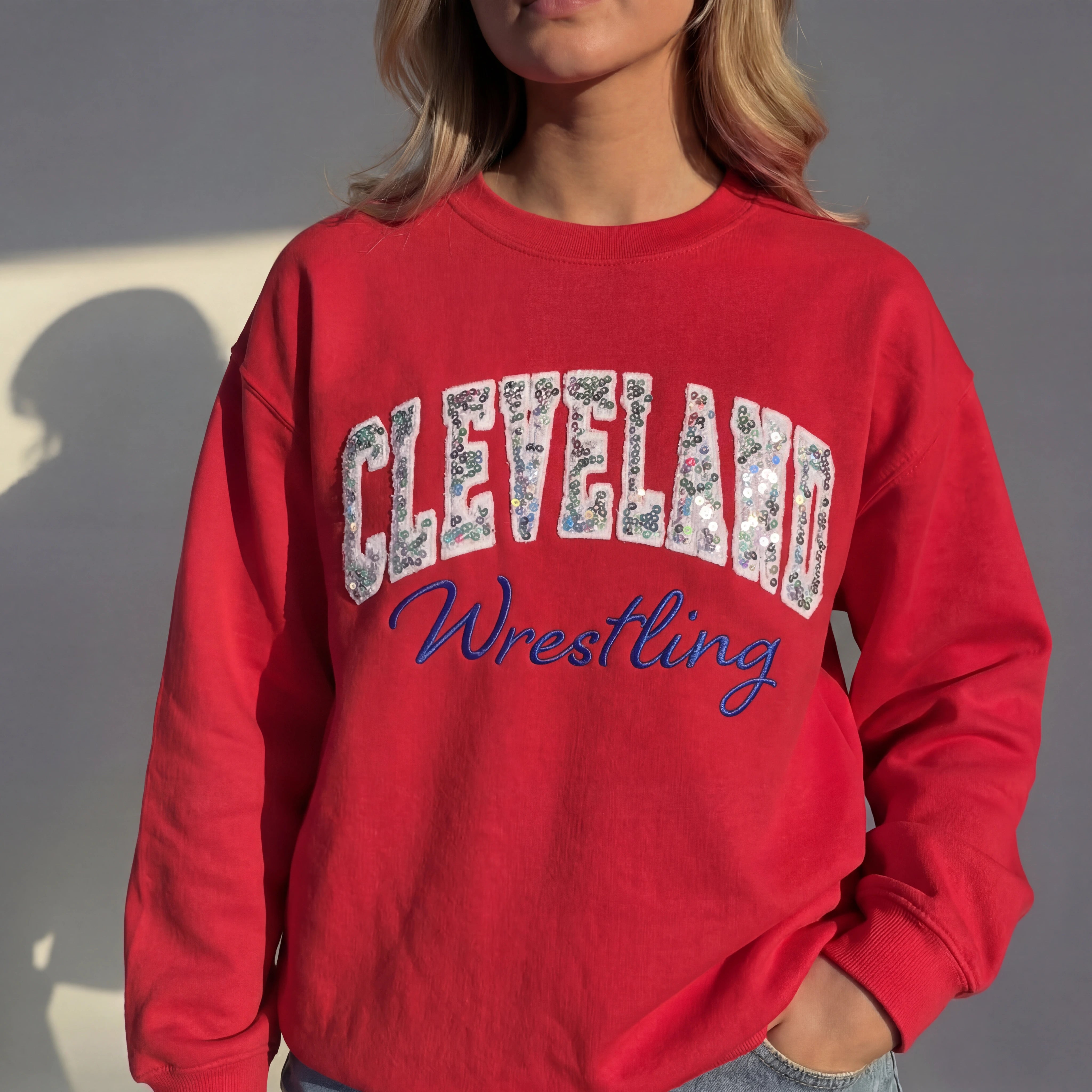 Custom Sequin Embroidered College Sweatshirt – Personalized Glitter Team Spirit Crewneck | Gifts for Sports Mom