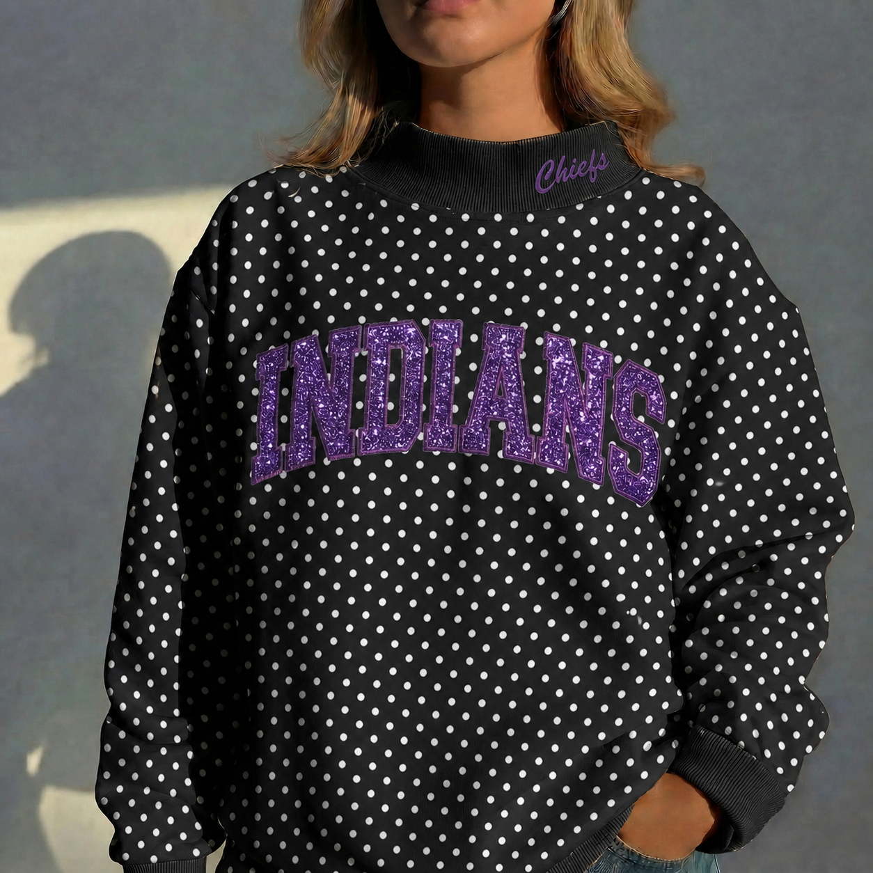 Custom Glitter Team Name Polka Dot Mockneck – Stand-up Collar | Gifts for Sports Mom | Game Day Wear