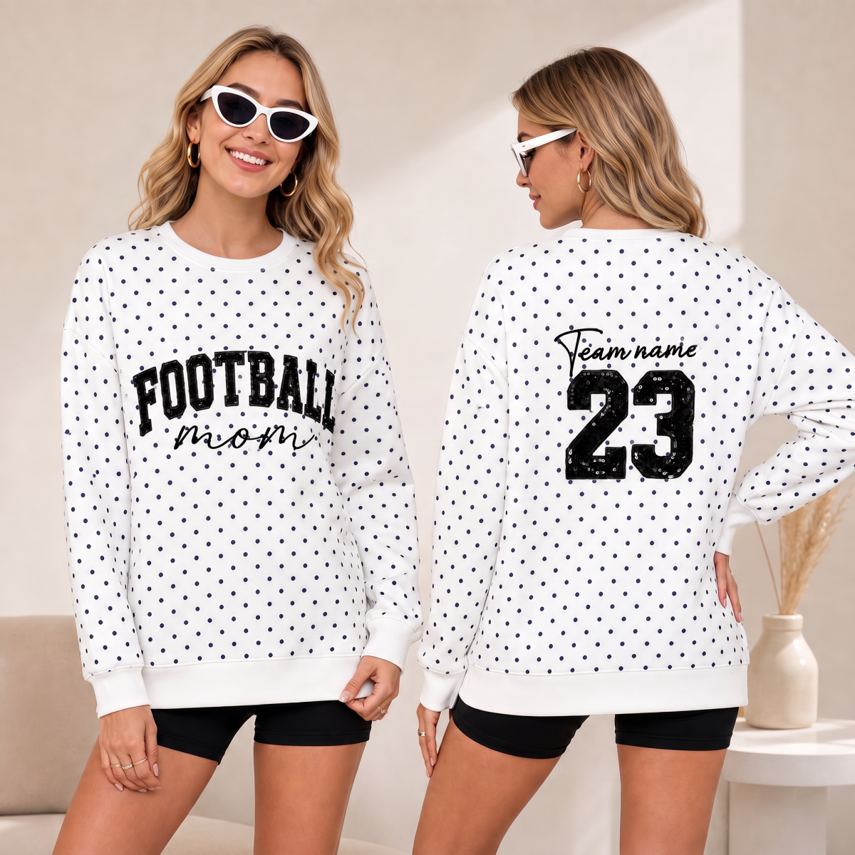 Custom Football Mom Sweatshirt - Personalized Polka Dot Crewneck Pullover with Team Name & Number
