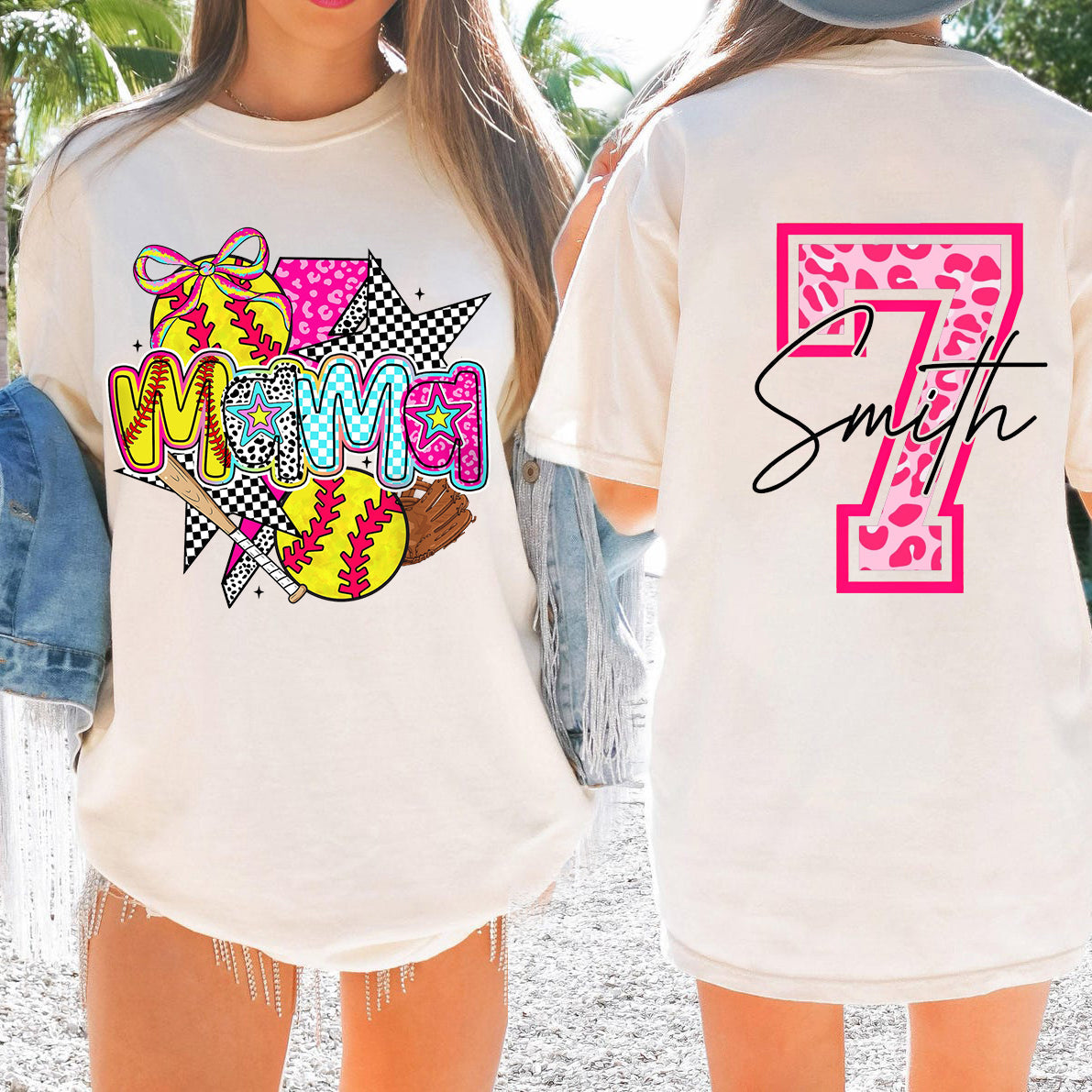 Personalized Softball Mama Pink Leopard Checkered Pattern Cheer T-shirt | Gifts for Sports Mom