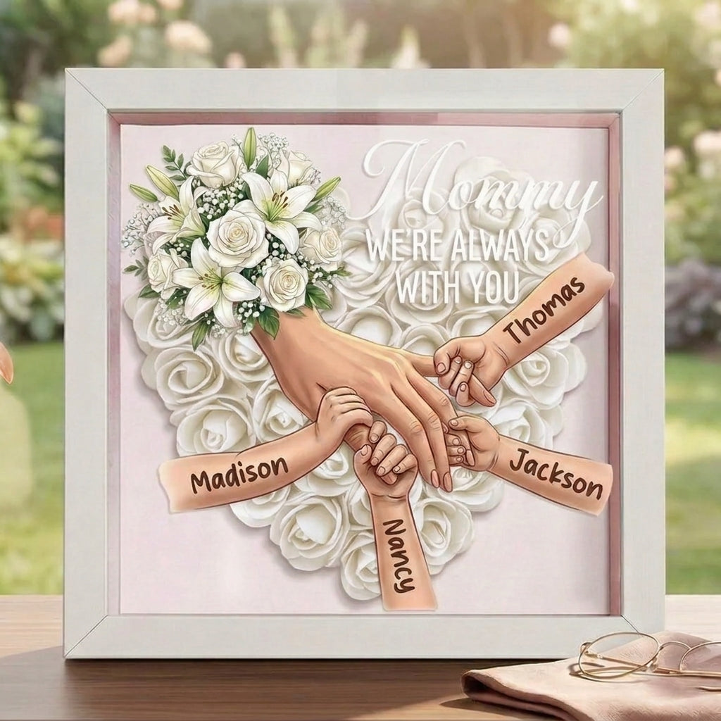 "We're Always With You"-Personalized Mom Holding Hands Memorial Shadow Box-Mother's Day Remembrance Frame, In Loving Memory Gift