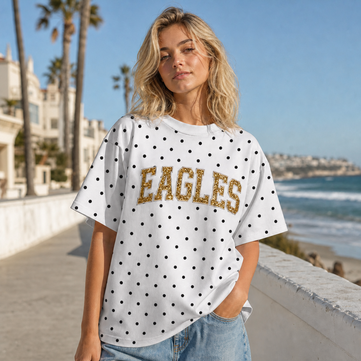 Custom Glitter Team Name Polka Dot T-Shirt | Personalized Sports Mom Crew Neck Tee | Game Day Wear