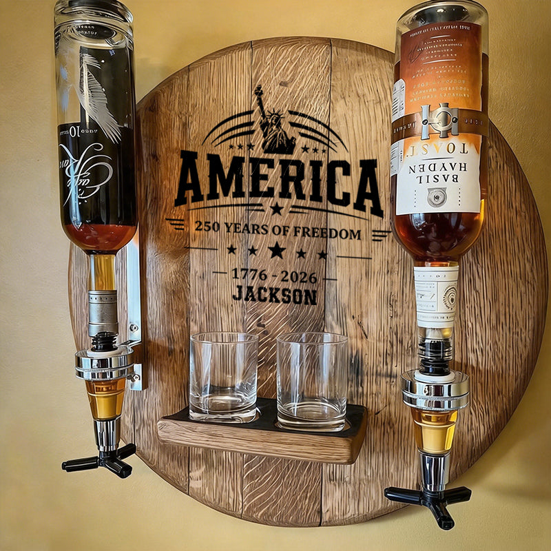 Custom America 250th Anniversary Gift - Wall-Mounted 2-Bottle Liquor Dispenser Wood Stand | USA 250th Anniversary Gift
