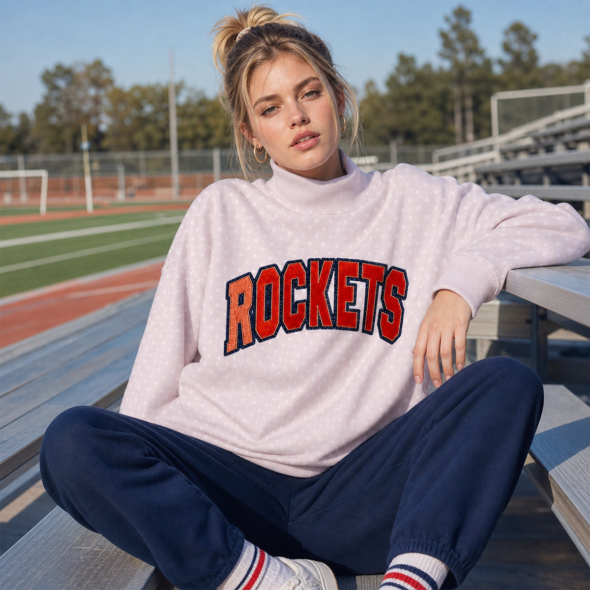 Custom Team Name Mock Neck Sweatshirt – Personalized Polka Dot Pullover with Sequin Embroidery | Game Day Wear