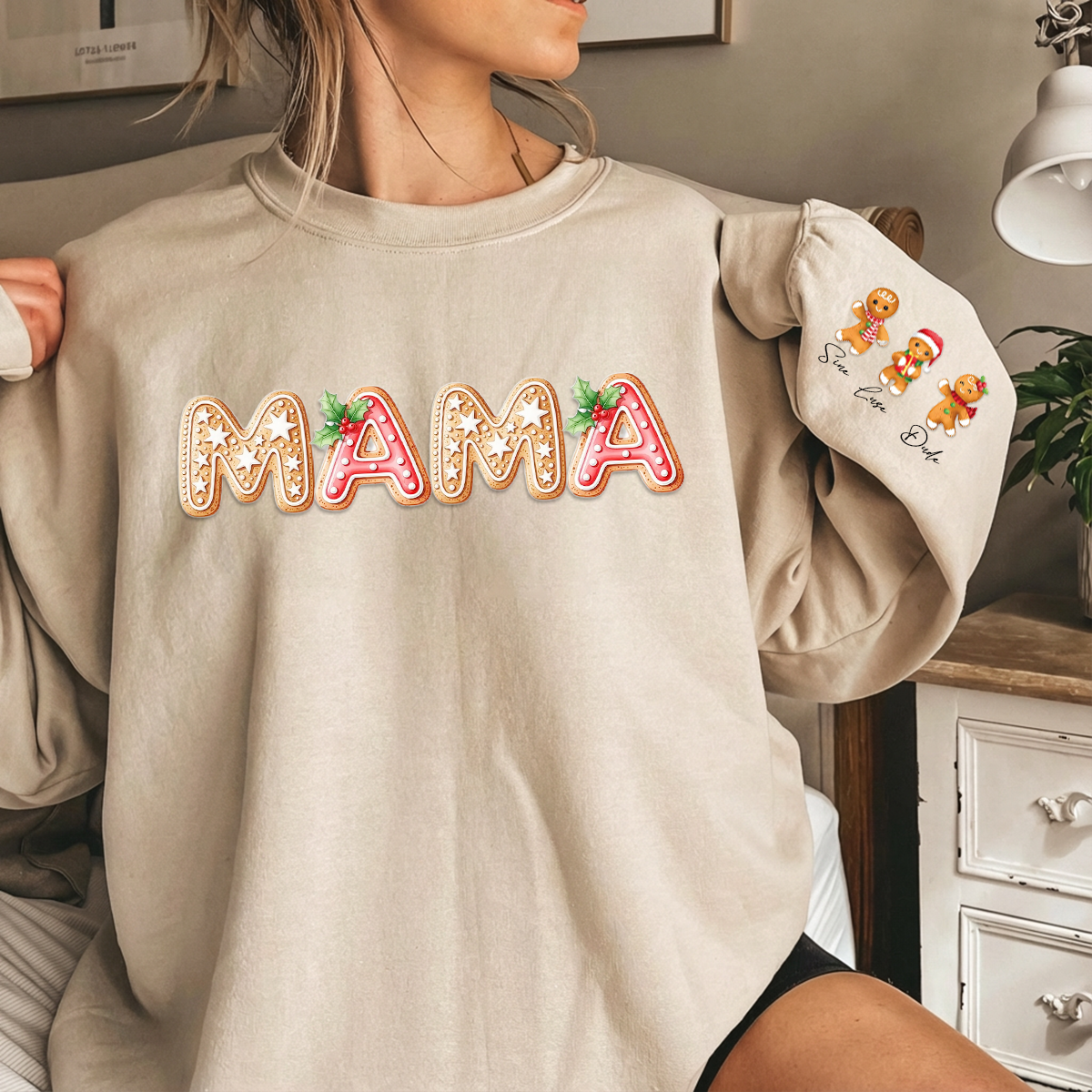 Custom Christmas Cookies Nickname Mama Sweatshirt with Cookies and Kids Name on Sleeve