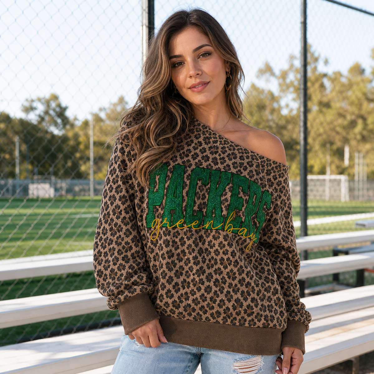 Custom Leopard Off-Shoulder Sweatshirt | Personalized Glitter Embroidered Team Name | Game Day Sports Mom Spirit Wear