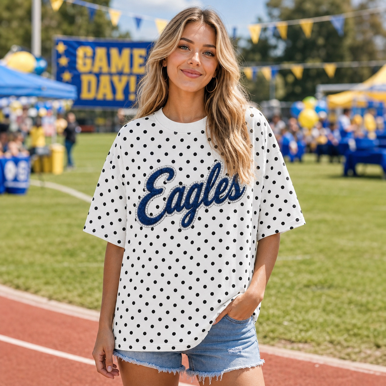 Custom Team Name Polka Dot T-Shirt – Denim Applique Game Day Tee