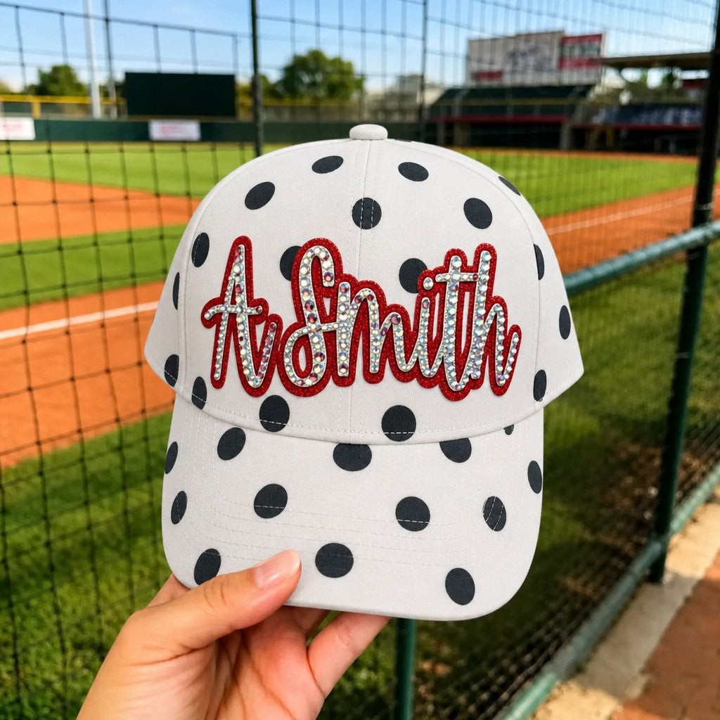Custom Name Polka Dot Baseball Cap – Sparkly Rhinestone Script Bling Snapback Hat for Women | Game Day Wear