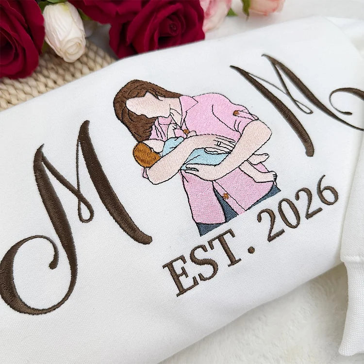 Custom Embroidered Mom Sweatshirt with Mom Kids Portrait | Mother's Day Gift