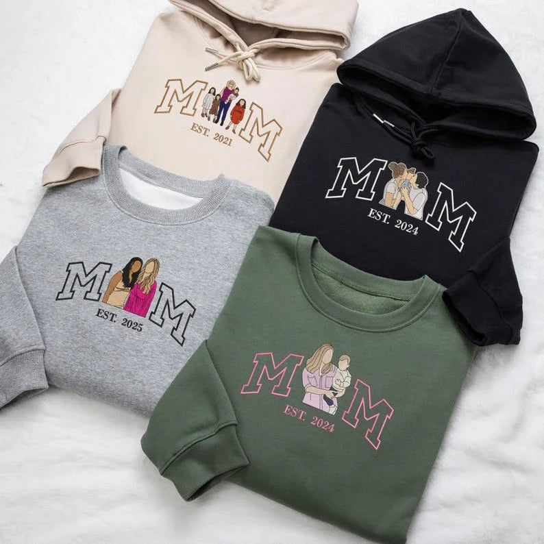 Custom Embroidered Photo Mum and Kids Portrait Sweatshirt, Mother's Day Gifts
