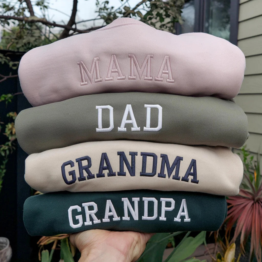 Custom Embroidered Mama, Dad, Grandma, Grandpa Sweatshirt with Kid Names on Sleeve, Mothers Day, Birthday Gift for Mom