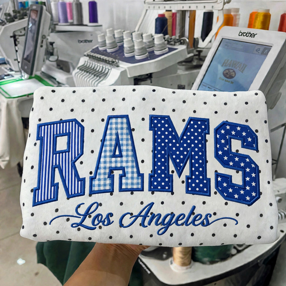 Custom Patchwork Fabric Embroidered Football Team Polka Dot Sweatshirt Game Day Wear