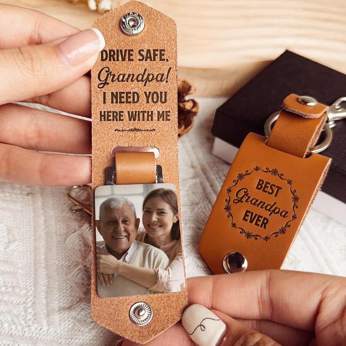 Only The Best Dads Get Promoted To Grandpa - Personalized Leather Photo Keychain For Dad
