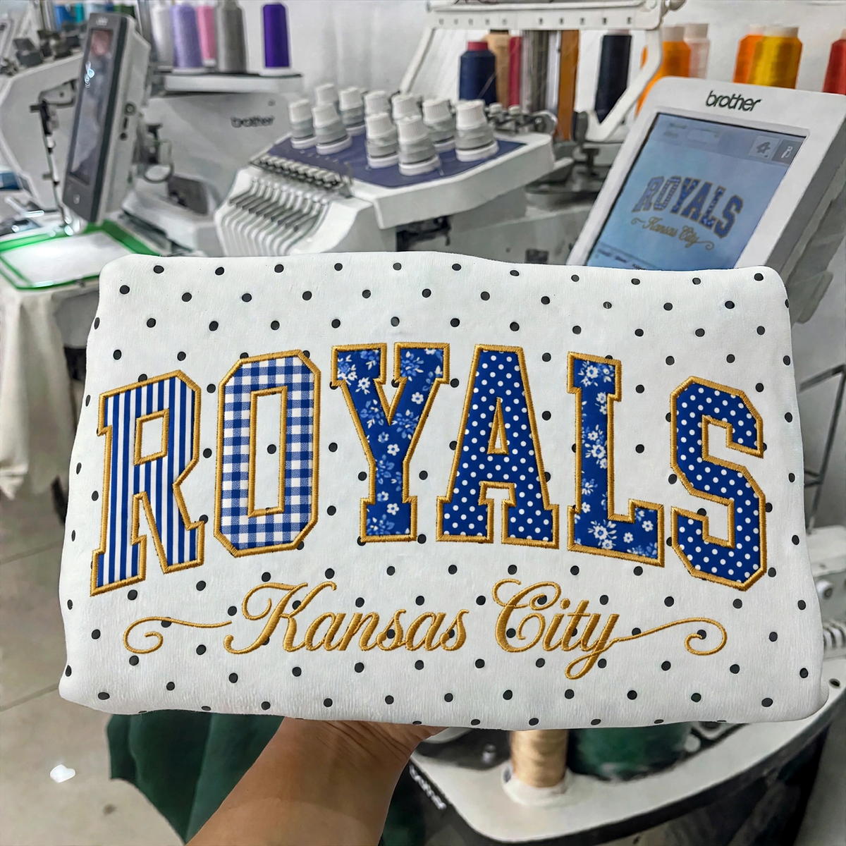 Custom Embroidered Patchwork Mix Fabric Baseball Team Polka Dot Sweatshirt | Game Day Wear