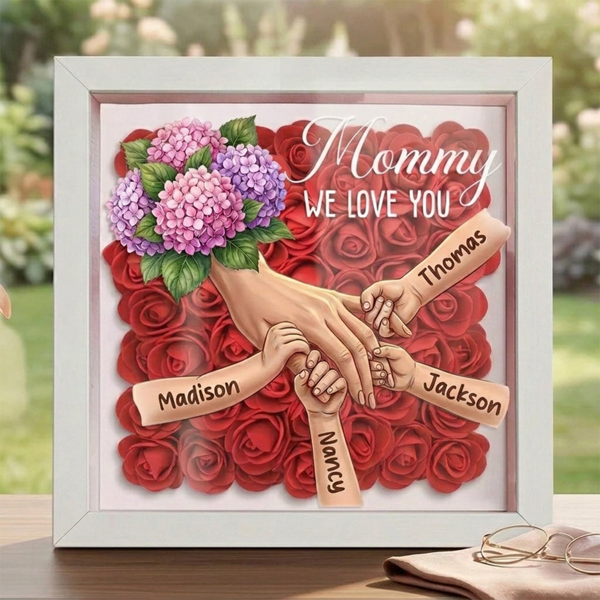 "Hydrangea"-Personalized Mom Holding Hands Flower Shadow Box-Mother's Day Remembrance Frame