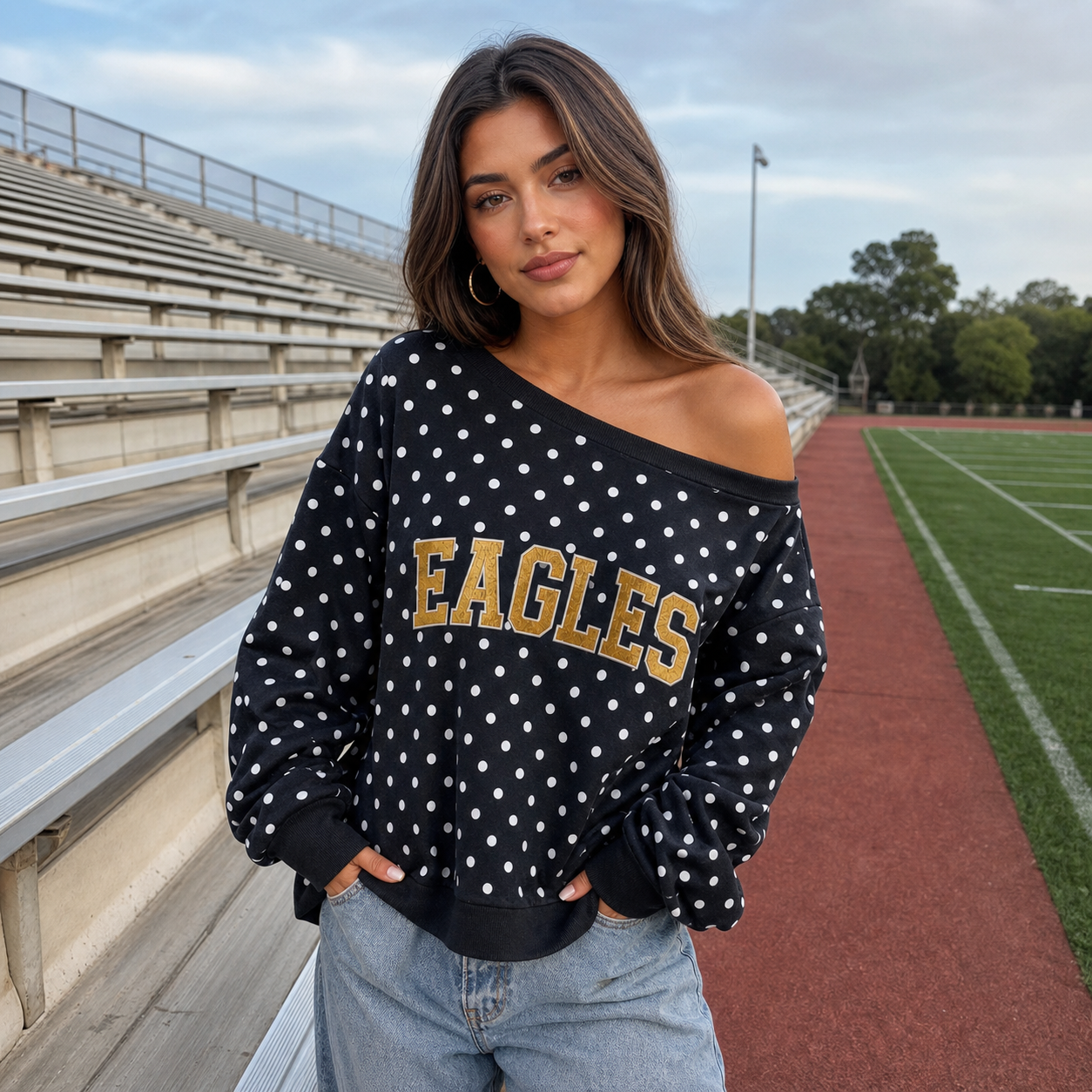 Custom Team Name Off-Shoulder Polka Dot Sweatshirt | Personalized College Spirit Top