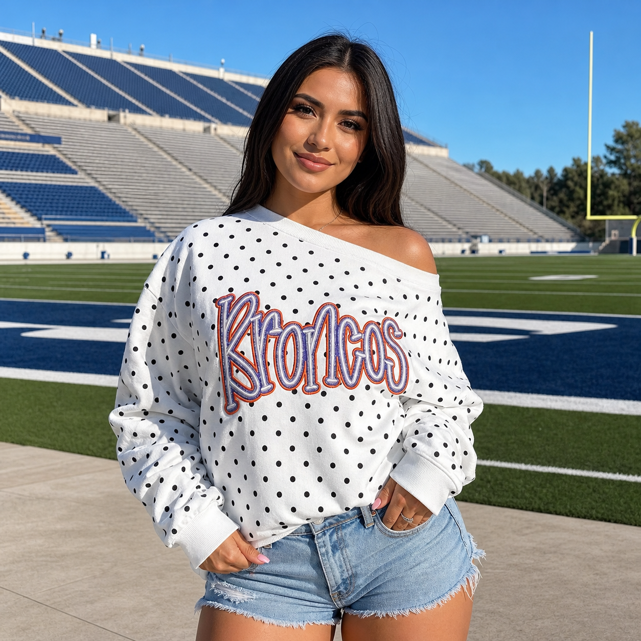 Custom Team Off-Shoulder Polka Dot Sweatshirt | 3D Embroidered Game Day Top | College Spirit Wear