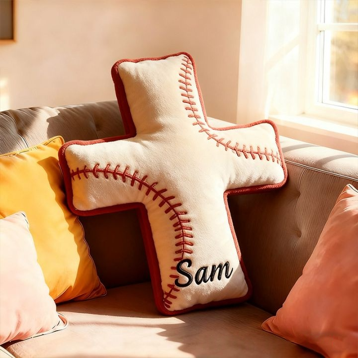Personalized Baseball Ball Cross Pillow with Custom Home Decor Graphic 3D Print Pillow Christian Sports Gift Religious Gift for Baseball Lover