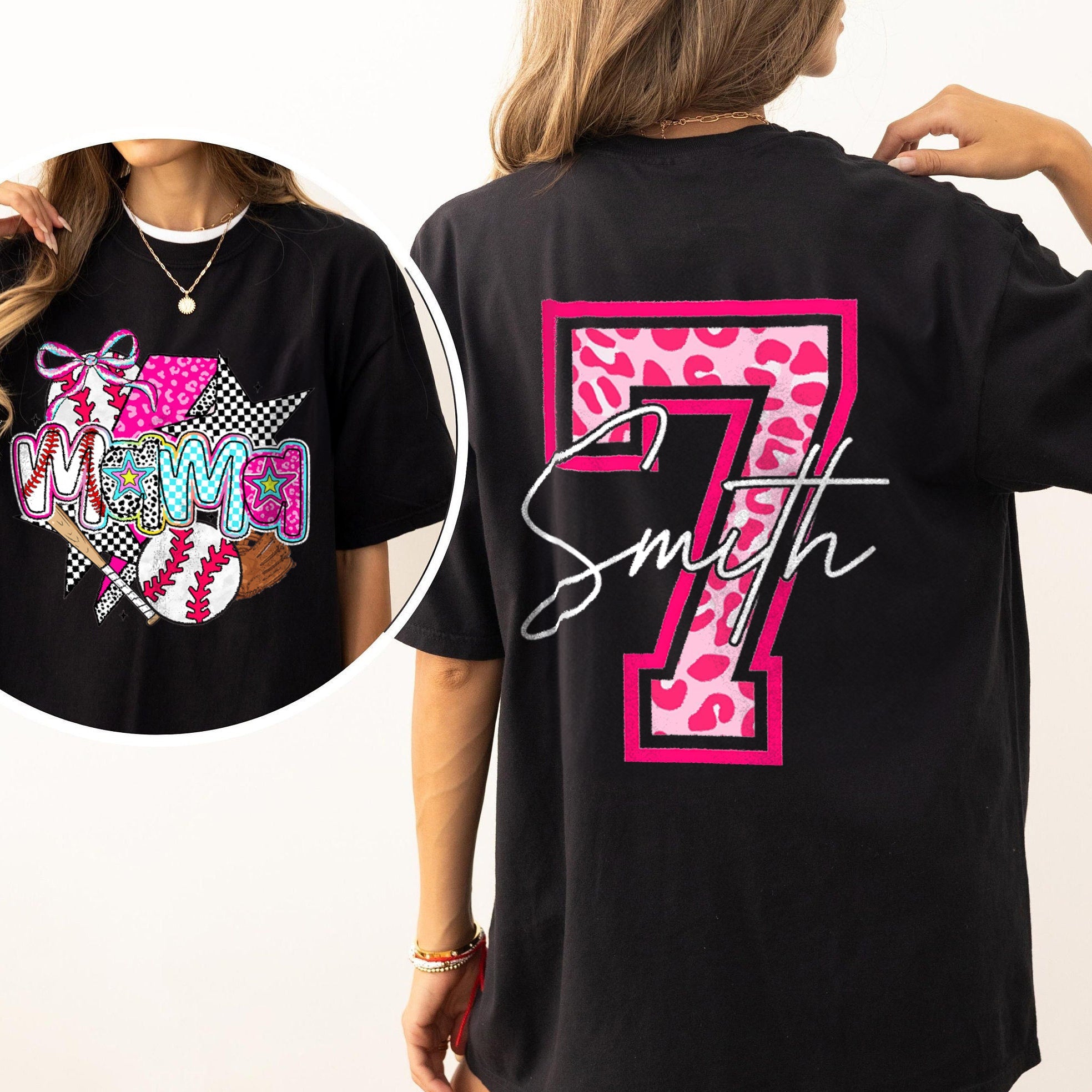 Personalized Baseball Mama Pink Leopard Checkered Pattern Cheer T-shirt | Gifts for Sports Mom